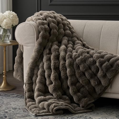 EverGrace Faux Rabbit Fur Bubble Throw Blanket, 50"x60", Dark Taupe by EVERGRACE
