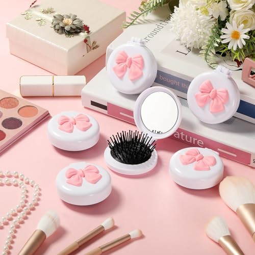 12 Pcs White Coquette Bow Mini Hair Brushes Folding Mirror Coquette Detangler Brush Bulk Round Compact Massage Scalp Comb for Purse Women Travel Team Gifts Trendy Stuff Party Favors - Image 6