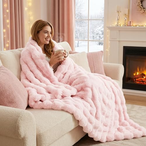 DREAMNINE Soft Faux Bubble Rabbit Fur Throw Blanket for Couch, Thick Cozy Decorative Warm Fuzzy Fur Blanket for Sofa Chair Bedroom Living Room Dorm Women Gift, 50 * 60 Inches, Pink - Image 3