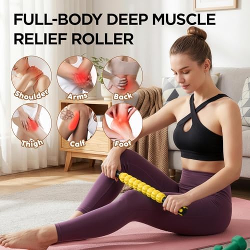Muscle Roller & Massage Roller Stick for Athletes - Lymphatic Drainage Support, Relieves Muscle Soreness, Cramping & Tightness - Targets Legs, Arms, Back & Calves （Yellow） - Image 3
