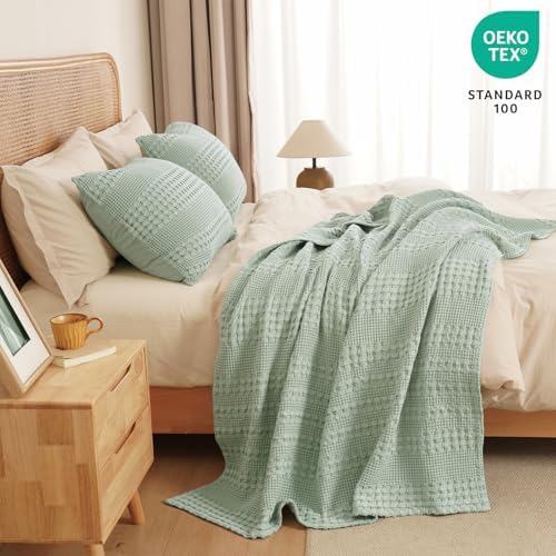 PHF Lightweight 100% Cotton Waffle Throw Blanket for Couch, Mint Green - Image 6