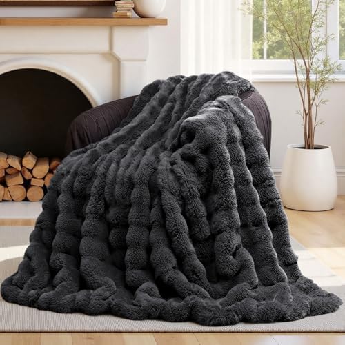 Lotus Karen Faux Fur Blanket Dark Gray Twin Size - Big Bubble Rabbit Fluff Throws for Couch Small Fluffy Fuzzy Cozy Thick Furry Plush Shaggy Blankets 60x80 Inches - Image 3