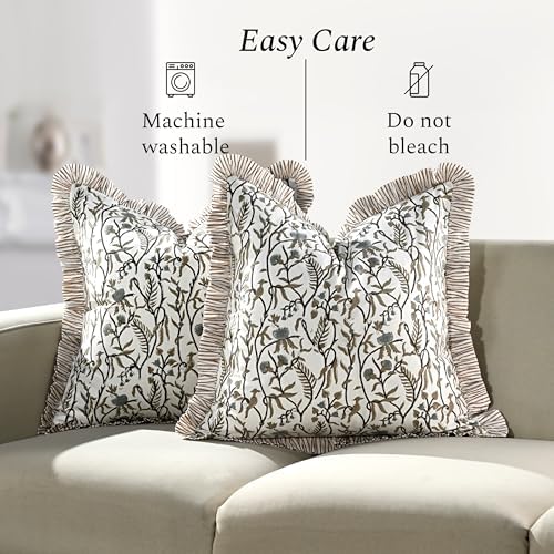 CPC Cocoa Vine Hand Block Print 100% Cotton Ruffle Throw Pillow Cover 18x18 inch with Hidden Zipper Decorative for Couch, Bed, Sofa, Farmhouse, Cottagecore Decor Gift Christmas Fall Thanksgiving - Image 6