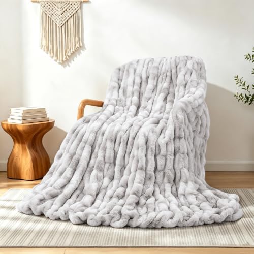 Touchat Ruched Rabbit Faux Fur Throw Blanket,Fluffy Soft Cozy,Tie-dye Gray by TOUCHAT