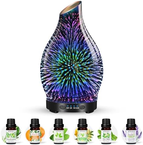 Essential Oil Diffuser & Essential Oils Set, Glass Aromatherapy Diffuser with 7 Color LED Lights and Auto-Shut Off, Cool Mist Diffuser for Home with 6 Essential Oils by JOYOLO
