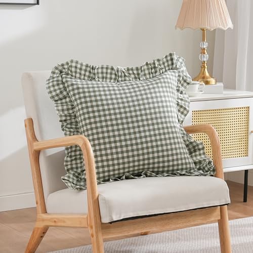 2 Pack 20"x20" Sage Green/White Plaid Ruffle Throw Pillow Covers - Image 3