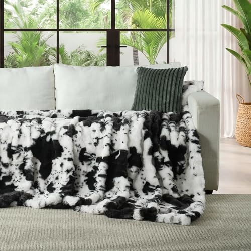 Lotus Karen Faux Fur Throw Blanket Cow Print-Black, Fluffy Fuzzy Plush Bubble Blanket for Couch, 60x50 Inches Cozy Shaggy Rabbit Blanket, Luxury Decorative Gifts for Sofa Bedroom Living Room. - Image 2
