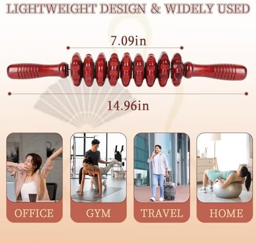 Liitrton Manual Wooden Massage Roller Stick for Muscle Relief, Red - Image 2
