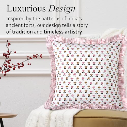 CPC Rosette Bloom Hand Block Print 100% Cotton Ruffle Throw Pillow Cover 20x20 inch with Hidden Zipper Decorative for Couch, Bed, Sofa, Farmhouse, Cottagecore Decor Gift Christmas Fall Thanksgiving - Image 4