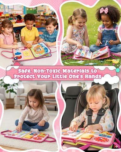 Montessori Busy Board, 8-Page Sensory Activity Toy, Pink - Image 6