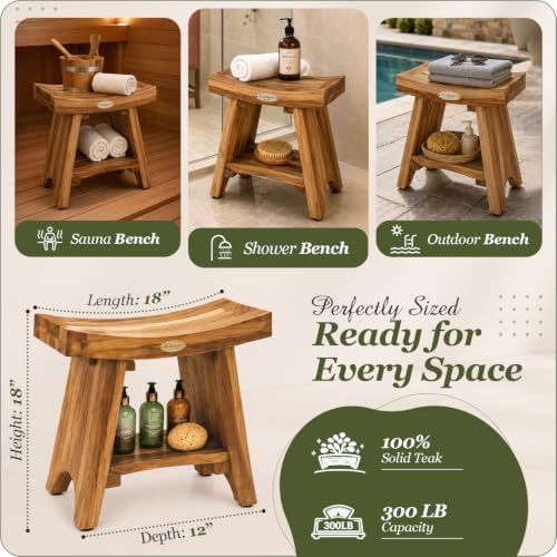 EcoDecors 18" Teak Shower Bench, 300 lb Capacity, Waterproof Seat & Shelf - Image 2