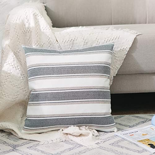 Multi Color Stripe Pillow Case Soft Linen Square Decorative Throw Cushion Cover Pillowcase with Invisible Zipper for Bench 22" x 22" 2 Pieces - Image 2