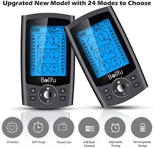 Belifu Dual Channel TENS EMS Unit with 12 Pads, 24 Modes Muscle Stimulator, Electronic Pulse Massager Muscle Massager for Pain Relief Therapy, Fastening Cable Ties, Dust-Proof Drawstring Storage Bag - Image 5