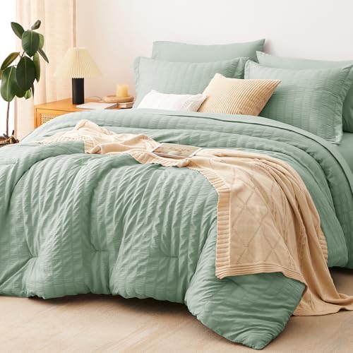 CozyLux California King Comforter Set, Sage Green Seersucker Bed in a Bag by CozyLux