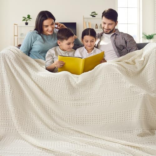 PHF Lightweight 100% Cotton Waffle Blanket, Oversized King, Ivory by PHF