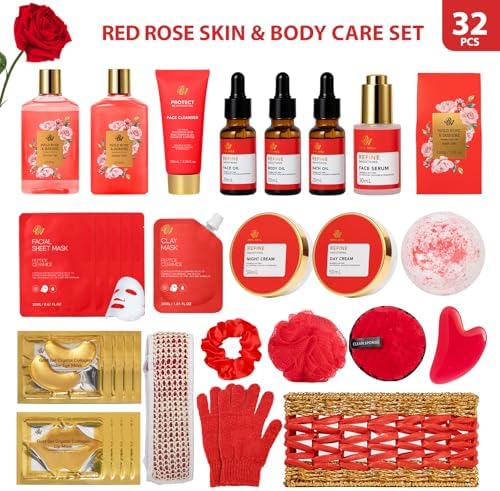 Gifts for Women, 32 Pcs Red Rose Bath and Body Basket Gifts for Women - Image 2