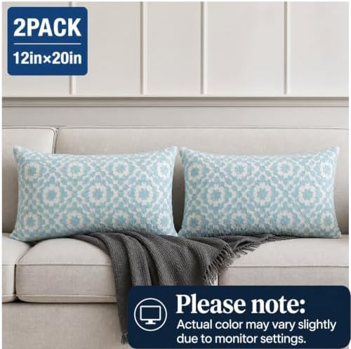 2PCS Pack Lumbar Decorative Throw Pillow Cover 12x20 inch Aquatic Blue Trellis Mina Pillowcase 30x50cm Porcelain Light Blue Cushion Cover Glacier Airy Light Blue Stylish Lumbar Pillow for Bed Outdoor - Image 2
