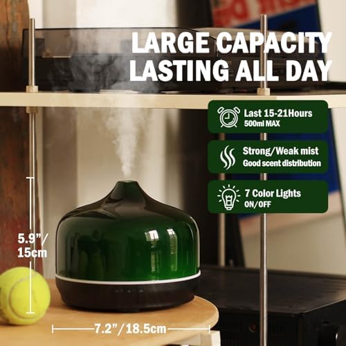 Porseme 500ml Glass Essential Oil Diffuser Aromatherapy Ultrasonic Cool Mist Humidifier 15-21 Running Hours Waterless Auto-Off Air Diffusers for Sleeping Yoga Working Spa(Hulk Green) - Image 3