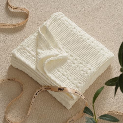 PHF Lightweight 100% Cotton Waffle Throw Blanket for Couch, Cannoli Cream - Image 6