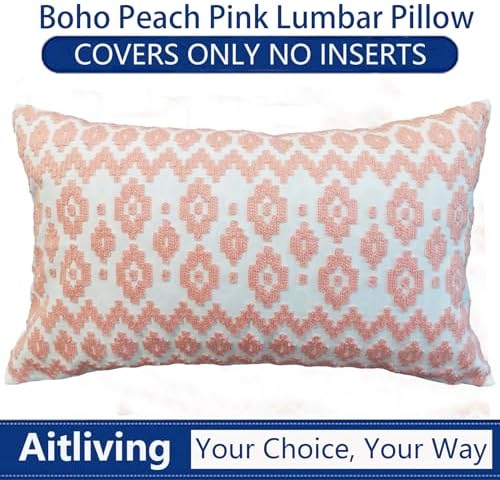 Throw Pillow Cover Embroidered 1pc Summer Couch Accent Decorative Lumbar Pillowcase, Peach 12x20 Empire Diamonds Patterned Peachy Pink and White Motif Nectar Boho Geometric Bolster Cushion Cover - Image 6