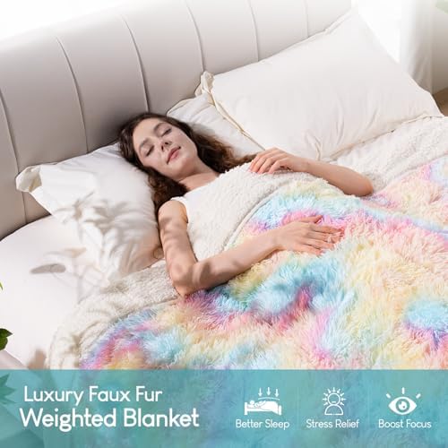 Cottonblue Faux Fur Weighted Blanket 15 lbs for Adult 48x72 Inches, Plush Shaggy Fluffy Throw Blanket Twin ​Size, Cozy Warm Furry Weighted Blanket for Couch Sofa Chair Home Decor, Rainbow - Image 2