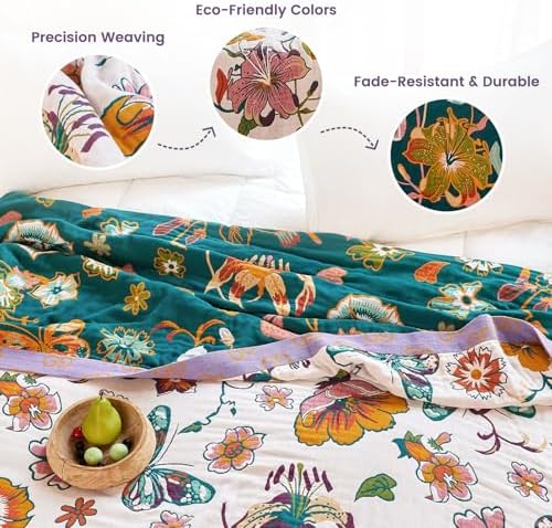 MSGKV Boho Throw Blanket 90"x108" 100% Cotton Floral Blanket for Bed - Image 3