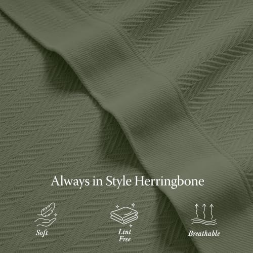 Threadmill Luxury 100% Cotton King Herringbone Blanket, Olive - Image 5