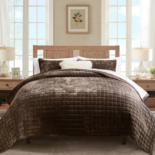 RECYCO Channel Box Stitch Velvet Quilt Set, Full Queen Size, Walnut Brown - Image 2