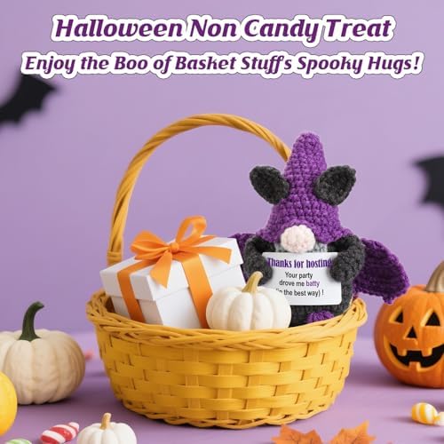 Hostess Gifts for Women, Handmade Crochet Purple Bat-Shaped Gnome Holding Appreciation Note, Halloween Party Hostess Gifts Idea, Cool Host Presents for Couples Men - Image 6