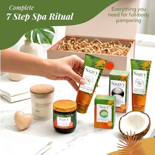 Saavy Naturals 9-Piece Spa Gift Set – Body Wash, Scrub & More – Plant-based Ingredients, Luxurious Spa Gift Basket for Women & Men –Mothers Day Gifts – Tropical Coconut - Image 3