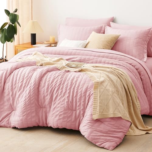 CozyLux Queen Comforter Set, 7 Pieces Pink Seersucker Bed in a Bag by CozyLux