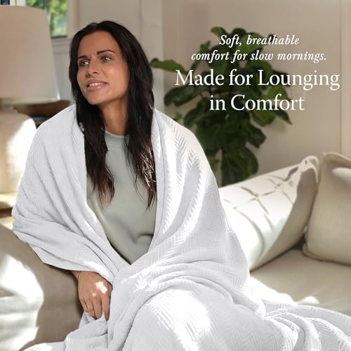 Threadmill Luxury 100% Cotton King Herringbone Blanket, Bright White - Image 3