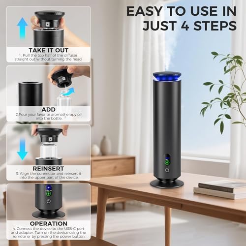 Hotel Scent Diffuser Starter Kit - 1000 Square Feet, 7 Ambient Light Settings, Includes 5 Essential Oils for Hotel Aromatherapy, Hotel Scent Diffuser,for Hotels, Homes, and Large Rooms,Black - Image 5