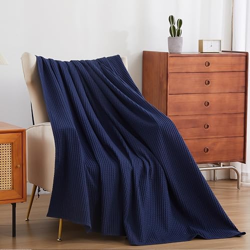 100% Egyptian Cotton Waffle Weave Throw Blanket for Bed Couch Sofa Home Decor, Soft Lightweight Bed & Couch Blanket for All Seasons (Navy Blue - Twin Size - 66 * 90") - Image 2