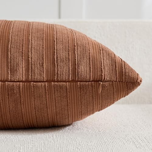 DEZENE 24x24 Rust Red Throw Pillow Covers Pack of 2 Soft Striped Corduroy Square Fall Christmas Pillow Cases for Couch Sofa Bedroom Living Room Home Decor - Image 3