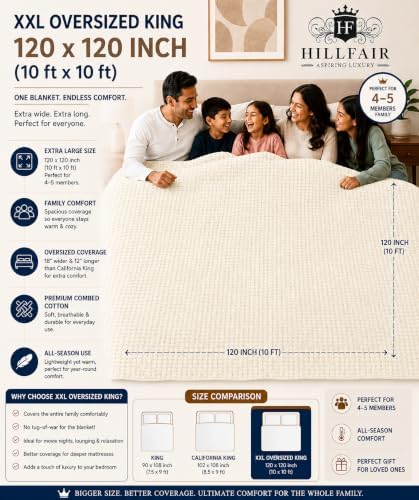 HILLFAIR 100% Cotton Blanket- 120" x 120" XXL Oversized King Bed Blankets - Family Size 10 ft x 10 ft Big - All Season Soft Cozy Breathable Blankets for Bed - Extra Large King Cotton Blanket- Ivory - Image 2