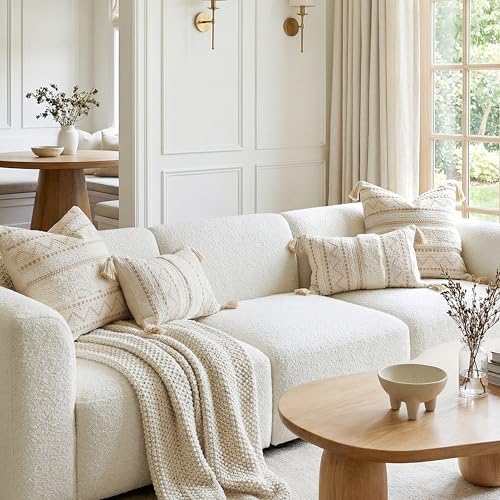 BlissBlush 20X20 Throw Pillow Cover, Cream Neutral Beige Square Decorative Cushion Cover, Boho Accent Pillowcase with Tufted Details and Tassels for Couch Sofa Living Room (Cover Only) - Image 3