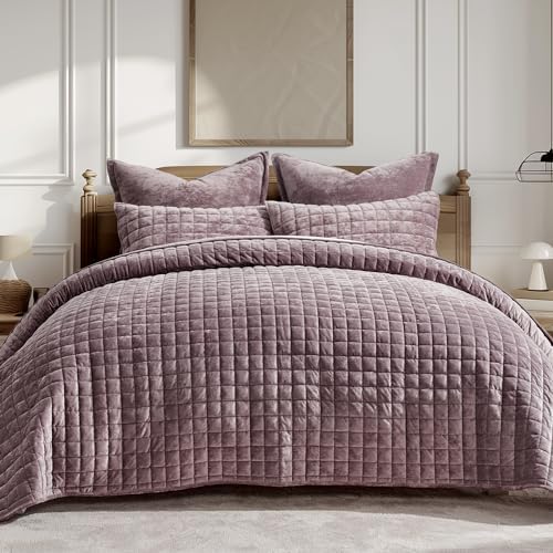 RECYCO Channel Box Stitch Velvet Quilt Set, King Size, Purple by RECYCOHOMECOLLECTION