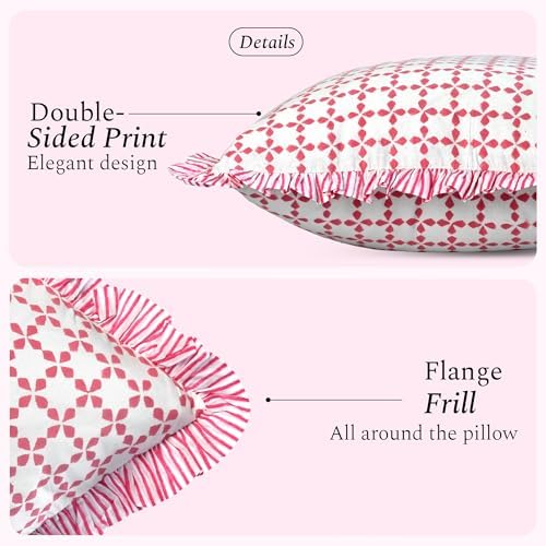 CPC Magenta Pink Hand Block Print 100% Cotton Ruffle Throw Pillow Cover 18x18 inch with Hidden Zipper Decorative for Couch, Bed, Sofa, Farmhouse, Cottagecore Decor Gift Christmas Fall Thanksgiving - Image 2