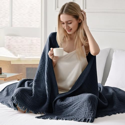 Esterra Muslin Throw Blanket 50x65 Inches Cozy Soft Lightweight Pre-Washed Cotton Blanket, All Season Breathable 4-Layer Gauze Blanket Throw for Sofa Couch Bed, Navy Blue - Image 4