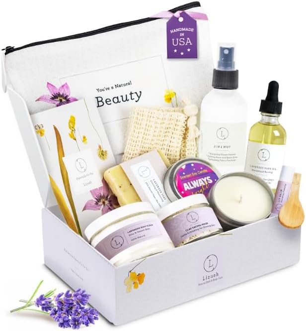 Lizush Luxury Spa Gifts for Women - 9 Piece Lavender Gifts for Her, Gift Baskets, Body Care Set for Mom, Birthday Box For Women, Self Care Spa Kit For Wife - Handmade in the USA by Lizush