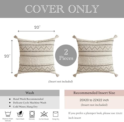 BlissBlush Decorative Throw Pillow Covers 20x20 Combo Set of 2 Square Boho Black Neutral Accent Pillowcase Tassels Farmhouse Cushion for Couch Sofa Bedroom Living Room Home Décor Cover ONLY - Image 5