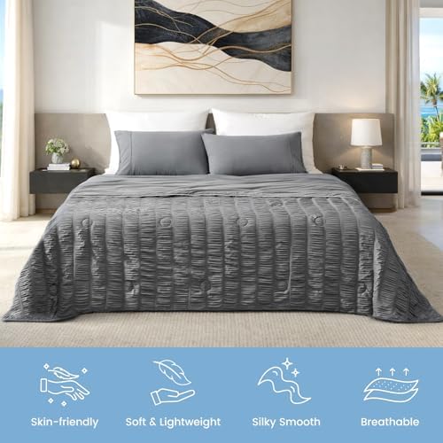 Cozy Bliss Vertical Striped Seersucker Cooling Comforter King Size, Lightweight Airflow Silky Cooling Bedding with Q-Max>0.45 for Bedroom, Home Decor, Hot Sleepers & Night Sweats, Grey 106"×90" - Image 7
