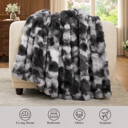 Amélie Home Faux Fur Throw Blanket, Ultra Soft Fuzzy Plush Bubble Blanket for Couch, Bed & Living Room, 60"x80", Tie-dye Black - Image 2