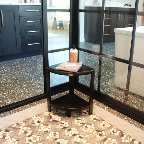 Decoteak 2-Tier Teak Corner Shower Shelf with Shaving Foot Rest - Image 2