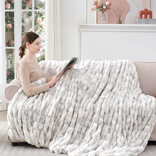 Touchat Ruched Faux Fur Blanket Twin,Fluffy Soft Cozy Blanket,Tie-dye Grey - Image 6