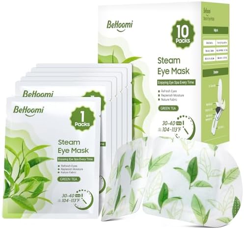 BeHoomi Steam Eye Mask, 10Packs Heated Eye Mask, Self Heating Disposable SPA Warm Compress for Eyes Sleep Mask, Travel Essentials & Relaxation Gifts for Women (Green Tea Scent) by BeHoomi