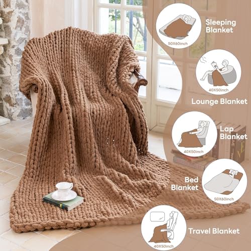 Chunky Knit Throw Blanket for Couch，50x60 Inches Brown - Image 3