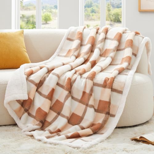 PU MEI Super Soft Faux Rabbit Fur Sherpa Fleece Throw Blanket, Reversible Luxury Cozy Cute Furry Blanket, Plush Warm Shaggy Fluffy Checkered Blankets for Sofa Couch Bed (Beige-Plaid, 60" x 80") by HOME