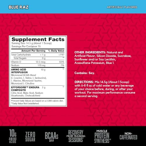 BSN Amino X BCAAs Recovery Powder, Caffeine Free, Blue Raz, 70 Servings - Image 2